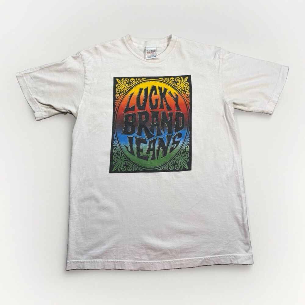 Vintage Made in USA Lucky Brand Men’s White Graphic Logo Short Sleeve Tee S